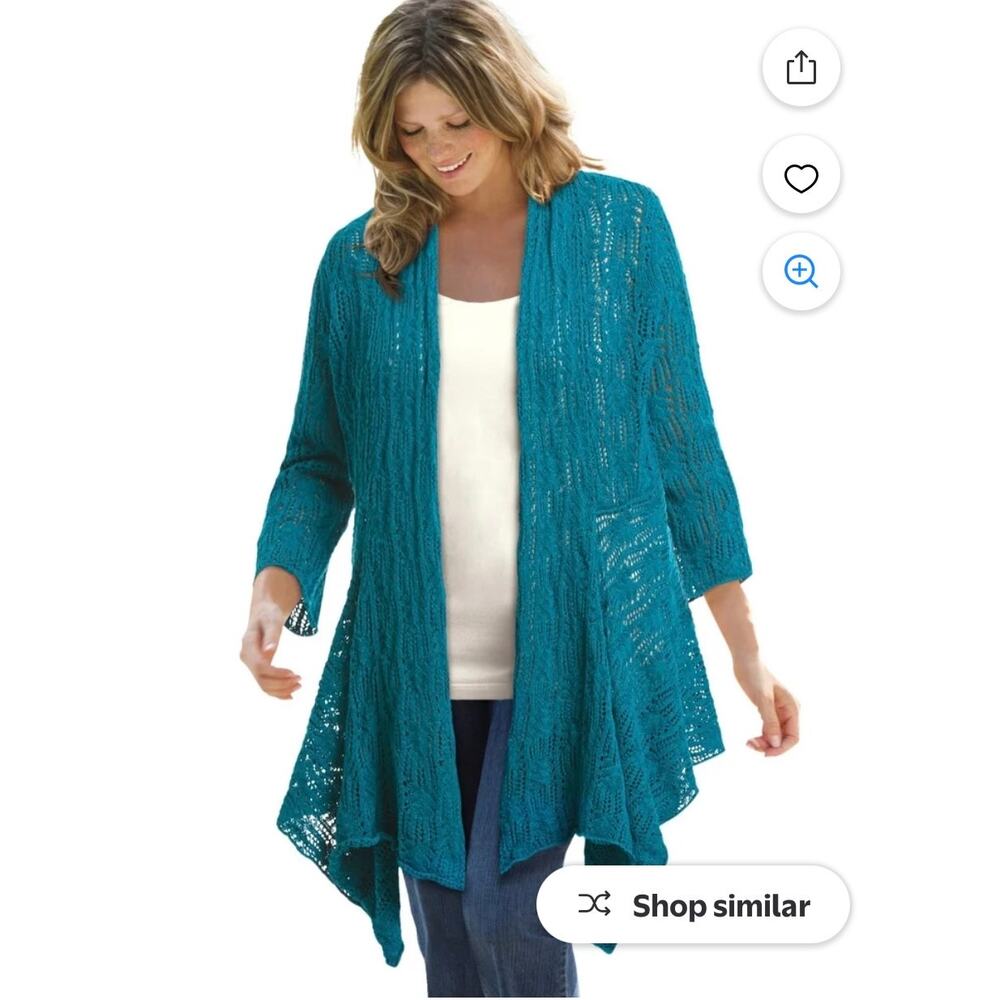 Woman Within Open Front Pointelle Cardigan Sweater Plus (2X) 26/28 4X Deep Teal